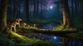 Enchanted Forest at Night with Mushrooms and a Calm Stream Under the Moonlight Royalty Free Stock Photo