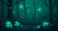 Enchanted forest scene under a teal twilight. Tall, dark trees form a dense canop