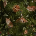 Enchanted Forest. Seamless Pattern. Sleeping Foxes, Flowers And Berries On Green Dark Background