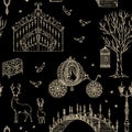 Enchanted forest. Seamless pattern with vintage gate, lantern, carriage, bridge, tree, chest, cage, mirror, deer. Royalty Free Stock Photo