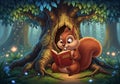 Enchanted Forest Squirrel Reads a Magical Book Under a Glowing Tree Royalty Free Stock Photo