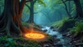 Enchanted forest stream with glowing concentric circle at the base of an ancient tree. Generative AI Royalty Free Stock Photo