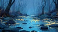 Enchanted Forest Stream with Glowing Lights and Misty Atmosphere Royalty Free Stock Photo