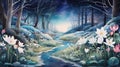 Enchanted Forest Stream at Twilight. Serene twilight over a whimsical forest stream, surrounded by vibrant flowers