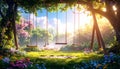 Enchanted forest swing set. Sunlight streams through trees Royalty Free Stock Photo