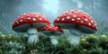 Enchanted Forest Three Red Toadstools in Misty Meadow - Generative AI Royalty Free Stock Photo