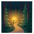 Enchanted Forest Trail Illuminated by a Glowing Torch Among Tall Trees at Dusk Royalty Free Stock Photo