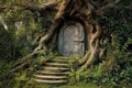 enchanted forest tree door to an overgrown garden Royalty Free Stock Photo
