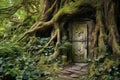 enchanted forest tree door to an overgrown garden Royalty Free Stock Photo