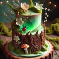 Enchanted Forest Woodland Tiered Cake with Glowing Ladybug and Moss Decor AI-GENERATED Royalty Free Stock Photo