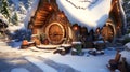 Enchanted Frost: Fantasy World with Wooden Houses in the Snow