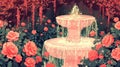 Enchanted Garden Fountain Surrounded by Blooming Roses Royalty Free Stock Photo