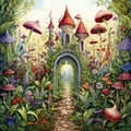 Enchanted garden with magical mushrooms and garden path