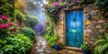 Enchanted garden path leading to a teal door. Generative AI Royalty Free Stock Photo