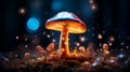 Enchanted glowing mushroom in a mystical wizard forest surrounded by magical ambiance