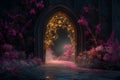 Enchanted gothic arch with mystical lighting and flowers