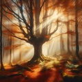 Sunlit Fog Caresses the Majestic Old Tree in the Autumn Forest's Mystical Embrace. Generative ai for illustrations
