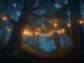 Enchanted Grove: Where Sentient Trees Embrace and Fireflies Dance Royalty Free Stock Photo