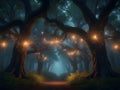 Enchanted Grove: Where Sentient Trees Embrace and Fireflies Dance Royalty Free Stock Photo