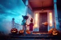 Enchanted Halloween Gathering: Kids Converge at Glowing Old House - Generative AI
