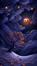 Enchanted Halloween Night with Glowing Jack o Lantern in Spooky Sky, Autumn Tree, and Falling Leaves under a Starry Midnight Sky