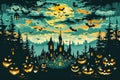 Enchanted Halloween Night with Haunted Castle, Spooky Forest, and Magical Pumpkins Illustration