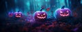 Enchanted Halloween: Pumpkins Illuminating a Mysterious Forest