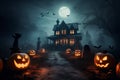Enchanted house witchcraft dwelling Halloween background. Generative AI Royalty Free Stock Photo