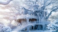 Enchanted Ice-Covered Treehouse in a Winter Wonderland - Generative AI