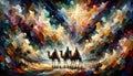 Enchanted Journey: Three Wise Men Pursue the Bethlehem Star Through a Painted Abstract Landscape.