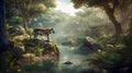 Enchanted jungle lake landscape with tiger