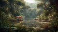 Enchanted jungle lake landscape with tiger