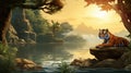 enchanted jungle lake landscape with tiger, can be used as wallpaper background. generative ai