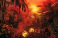Enchanted Jungle Scene at Sunset with Mysterious Glowing Orbs and Lush Foliage in a Misty Atmosphere
