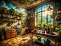 Enchanted Kitchen A Surreal Exploration of Vintage Charm Distorted Perspectives and Whimsical Decor in an OldWorld Royalty Free Stock Photo