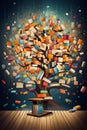 Enchanted Knowledge: A Vibrant Tree of Learning in a Library Royalty Free Stock Photo