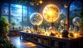 Enchanted lab, moon globes, lush plants, glowing orbs Royalty Free Stock Photo