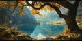 Enchanted Lake Autumnal Tree Serene Waterscape Royalty Free Stock Photo