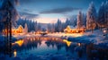 Enchanted Lakeside Christmas: Snowy Village Dream Royalty Free Stock Photo