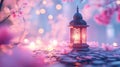 Enchanted Lantern Garden at Night with Pink Blossoms Royalty Free Stock Photo