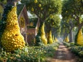 Enchanted Lemon Orchard Pathway with Colorful Flowers and Whimsical Fruit Trees in a Fairytale Landscape