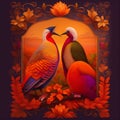Enchanted lovebirds sitting opposite to each other in a beautiful orange colored frame Generative AI