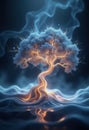 Enchanted luminous tree with glowing roots in mystical atmosphere. AI generation