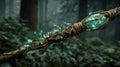 Enchanted Magic Wand with Glowing Crystal in Mystical Forest Setting Royalty Free Stock Photo
