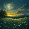 Enchanted Meadow Sunset Landscape Painting Royalty Free Stock Photo