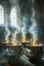 Enchanted Medieval Cauldrons Brewing Magical Potions with Mystical Smoke in an Ancient Gothic Chamber