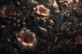 Enchanted metallic flowers magical floral background, Generative AI