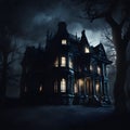 Enchanted Midnight: Creepy Manor Amidst a Dark Knight. Created using Ai Royalty Free Stock Photo