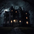 Enchanted Midnight: Creepy Manor Amidst a Dark Knight. Created using Ai