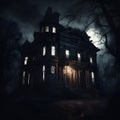 Enchanted Midnight: Creepy Manor Amidst a Dark Knight. Created using Ai Royalty Free Stock Photo